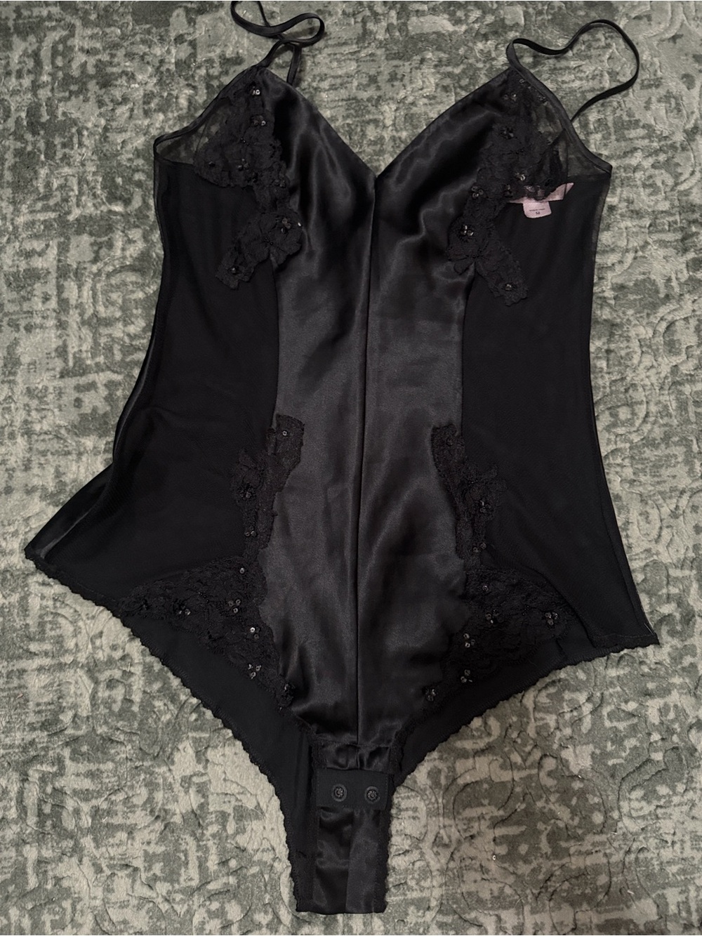 Victoria's Secret Black Satin Sequin Teddy Bodysuit